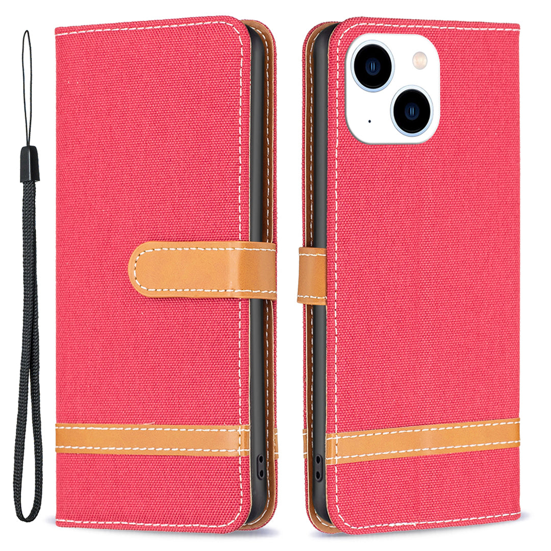 Uniqkart for iPhone 15 Jeans Cloth Splicing PU Leather + TPU Phone Case Wallet Stand Anti-scratch Cover - Red Uniqkart for iPhone 15 Jeans Cloth Splicing PU Leather + TPU Phone Case Wallet Stand Anti-scratch Cover - Red